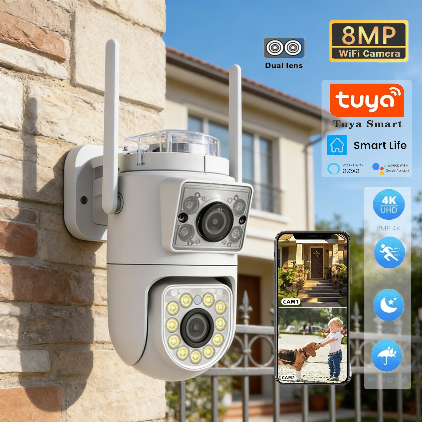 Home Security Google Camera - Dual-Lens Dual-Screen PTZ Security Camera 4K